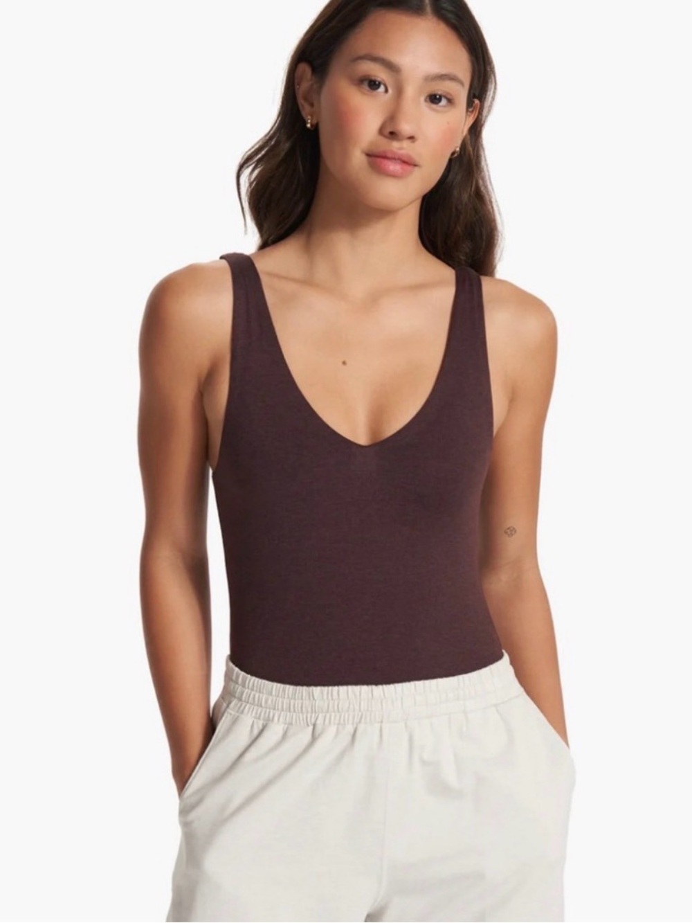 Vuori Halo Bodysuit DreamKnit Mahogany Heather Brown Thong Small EUC VW1112
